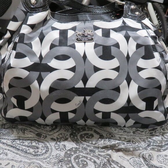 Coach Madison Op Art Signature Leather Black Maggie Handbag Tote Purse Shoulder - Picture 1 of 16